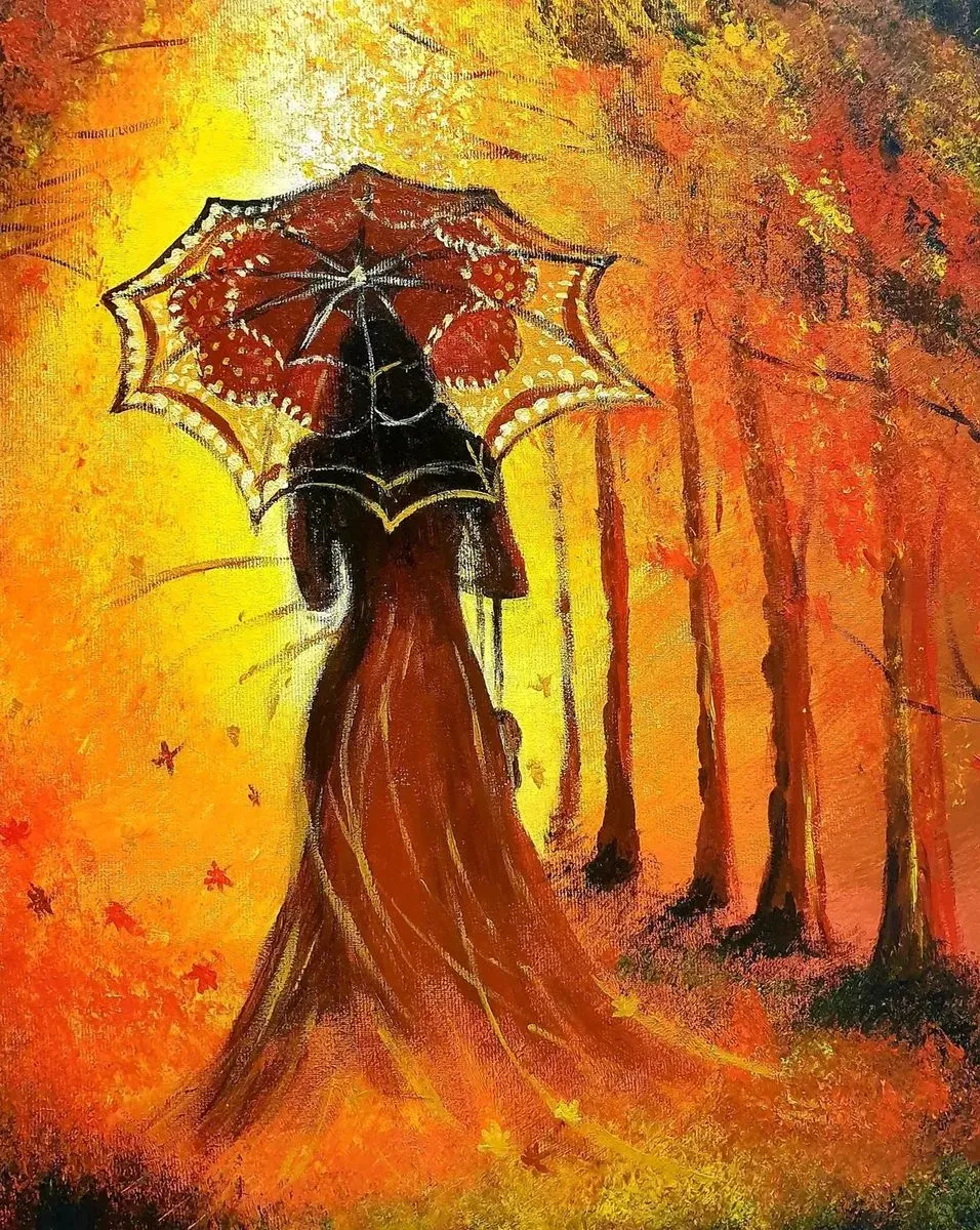 Autumn Walk with an Umbrella — ręcznie malowane płótno z Villi Nadezda w Pafos, które możemy wysłać pocztą