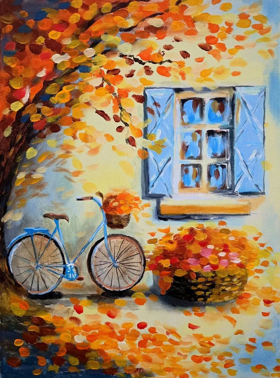 Bicycle under an Autumn Tree — ręcznie malowane płótno z Villi Nadezda w Pafos, które możemy wysłać pocztą