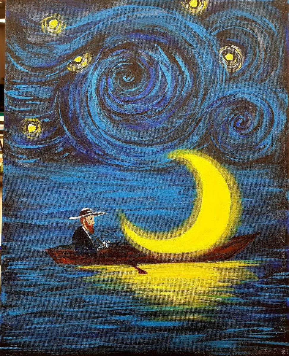 Boat under a Crescent Moon — ręcznie malowane płótno z Villi Nadezda w Pafos, które możemy wysłać pocztą