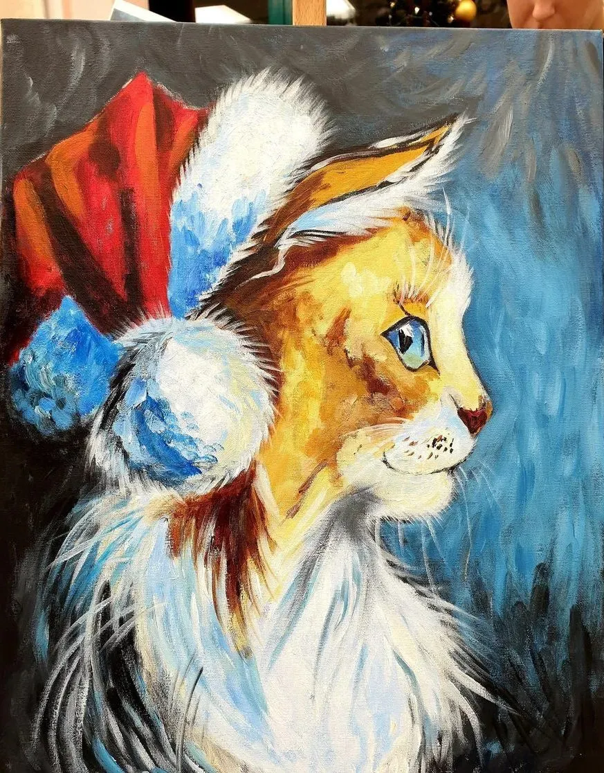 Christmas Cat — ręcznie malowane płótno z Villi Nadezda w Pafos, które możemy wysłać pocztą