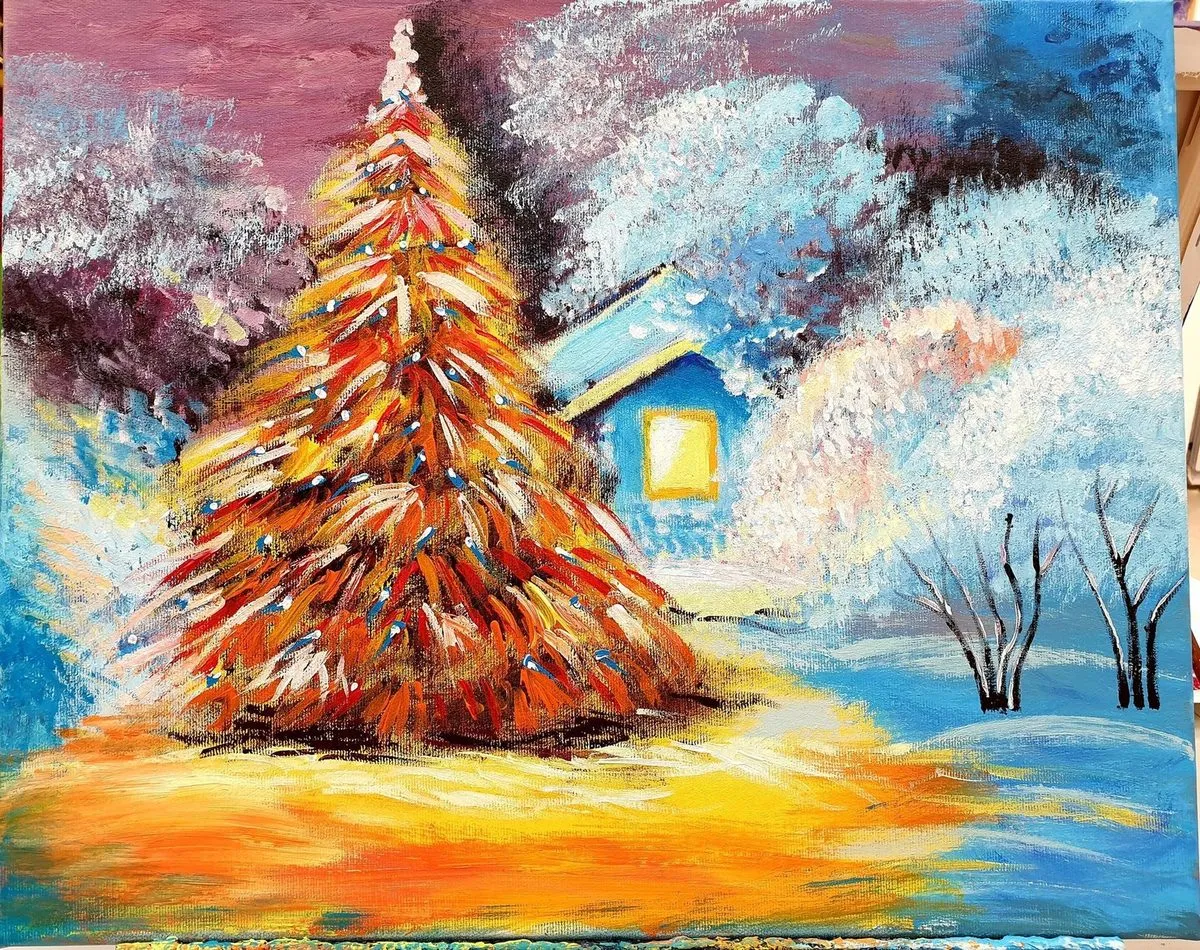Christmas Tree in the Snow — ręcznie malowane płótno z Villi Nadezda w Pafos, które możemy wysłać pocztą