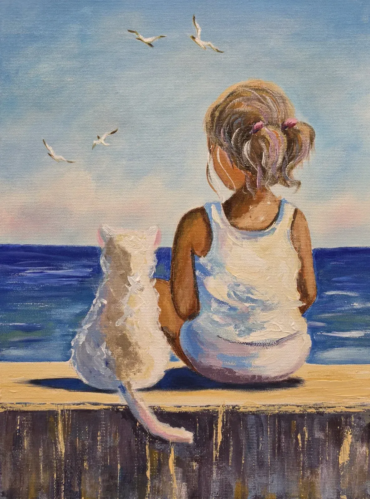 Girl and Cat by the Sea — ręcznie malowane płótno z Villi Nadezda w Pafos, które możemy wysłać pocztą