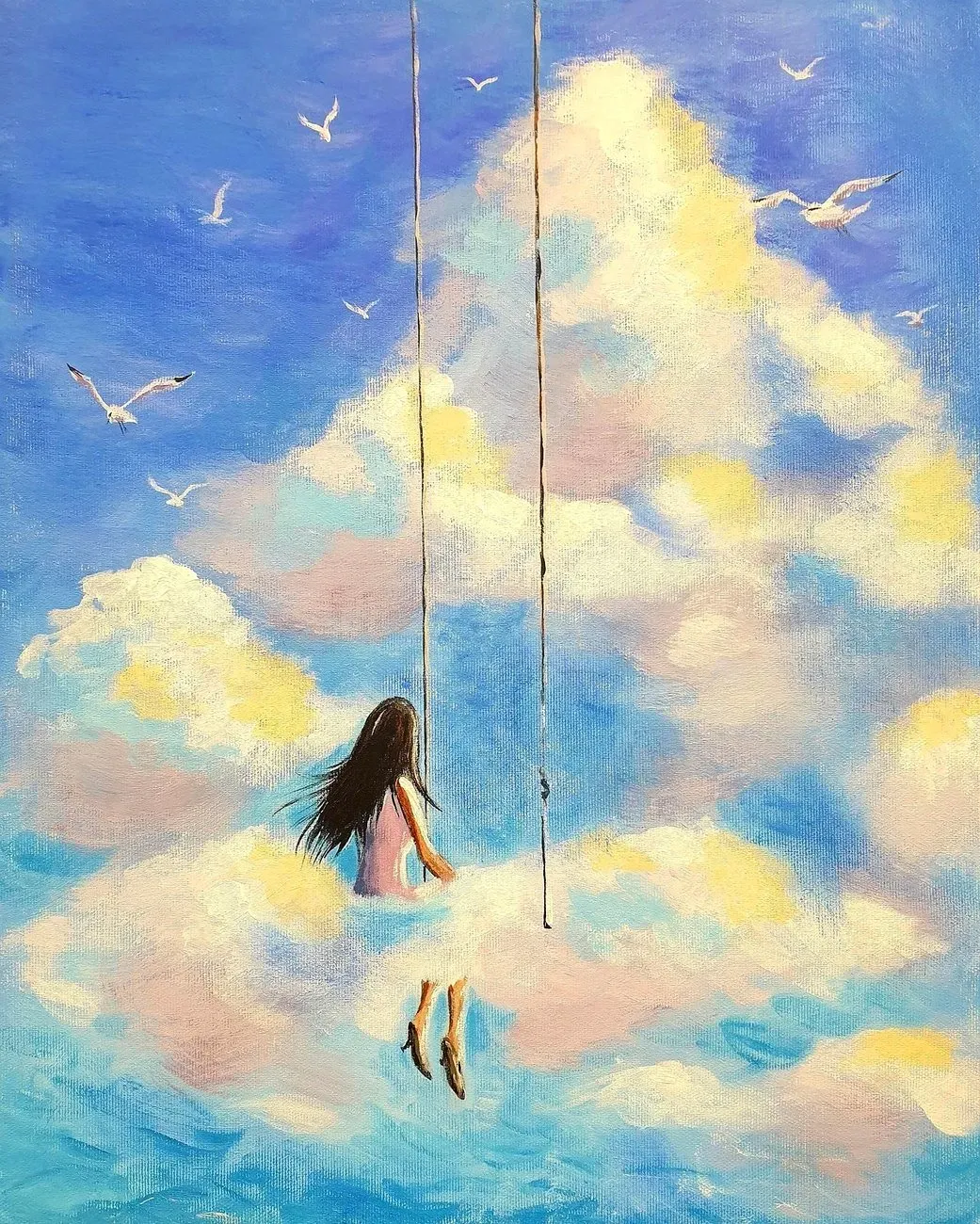 Girl on a Swing in the Clouds — ręcznie malowane płótno z Villi Nadezda w Pafos, które możemy wysłać pocztą