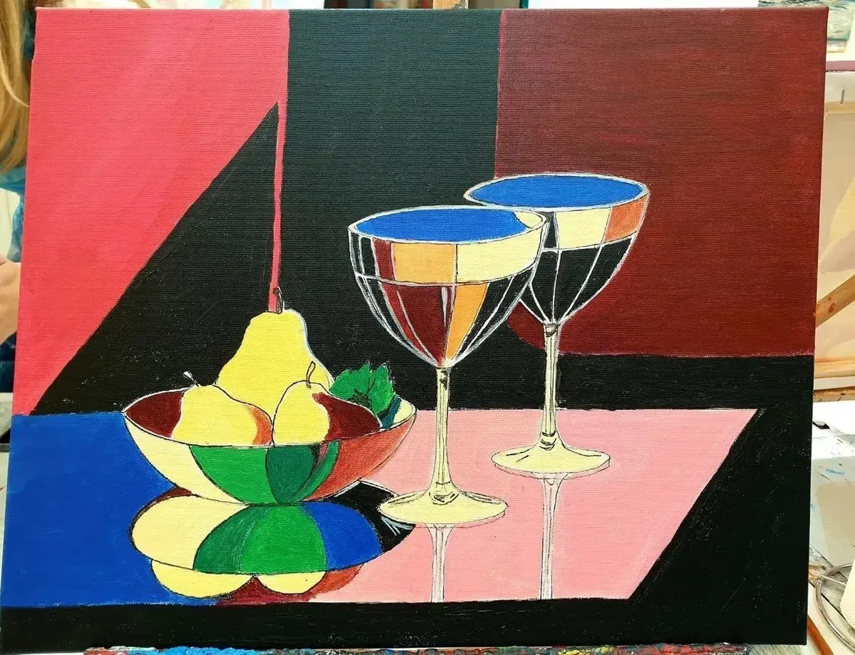 Glasses and Fruit — ręcznie malowane płótno z Villi Nadezda w Pafos, które możemy wysłać pocztą