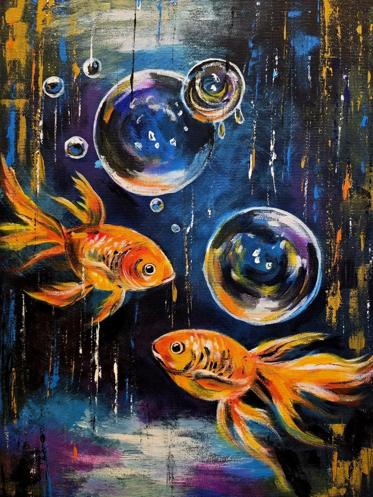 Goldfish and Bubbles — ręcznie malowane płótno z Villi Nadezda w Pafos, które możemy wysłać pocztą