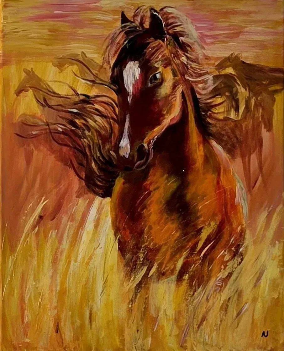 Horse in the Wheat — ręcznie malowane płótno z Villi Nadezda w Pafos, które możemy wysłać pocztą