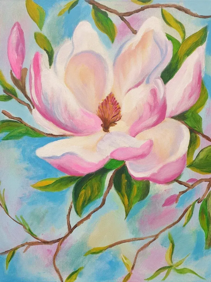 Magnolia in Bloom — ręcznie malowane płótno z Villi Nadezda w Pafos, które możemy wysłać pocztą