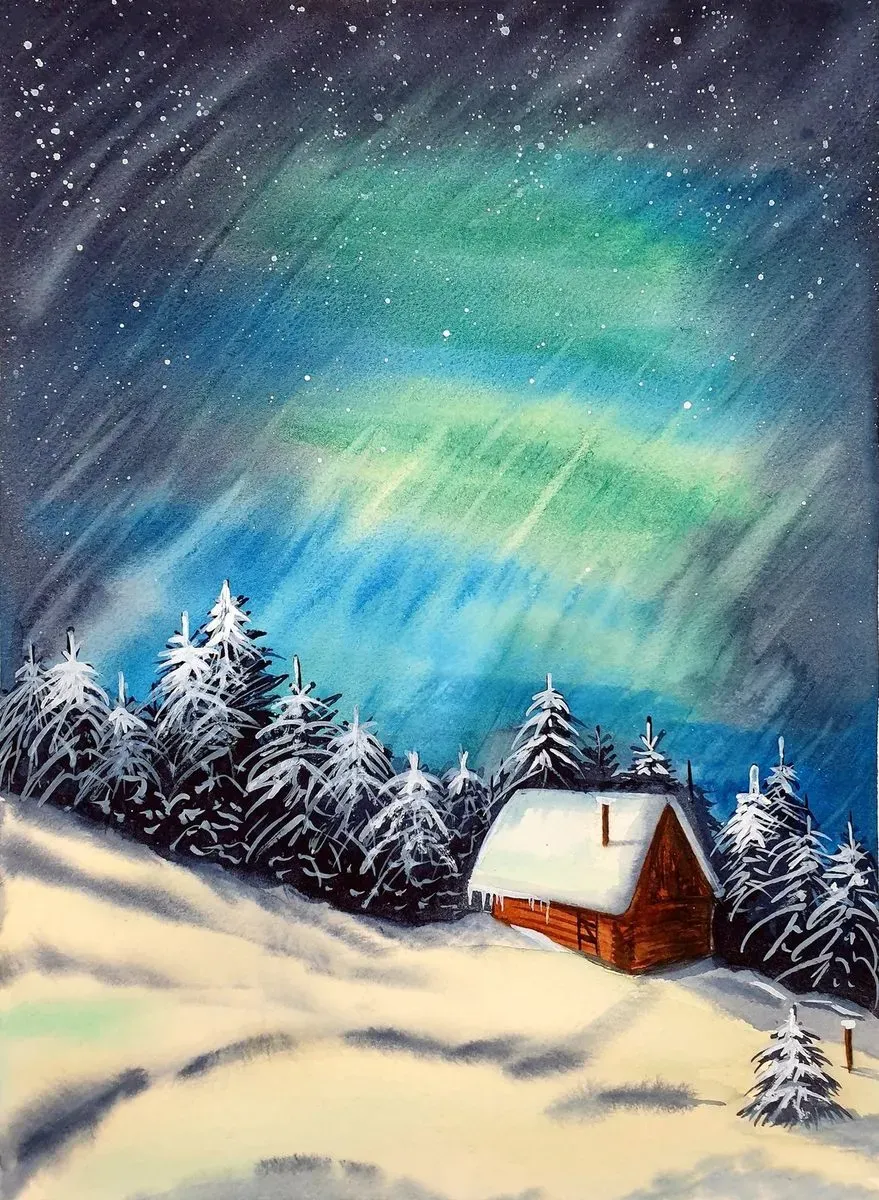 Northern Lights over a Winter Cabin — ręcznie malowane płótno z Villi Nadezda w Pafos, które możemy wysłać pocztą