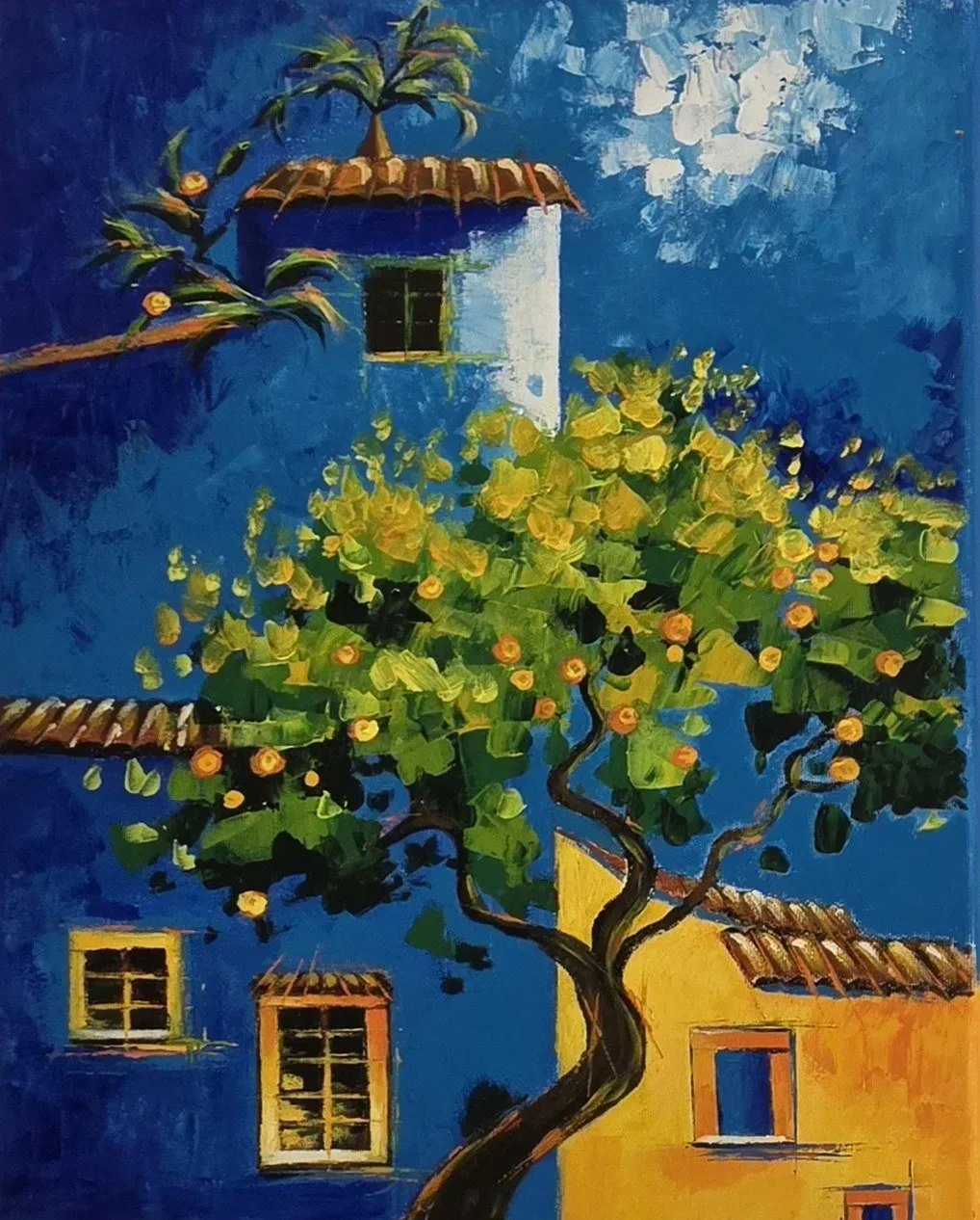 Orange Tree by a Blue Wall — ręcznie malowane płótno z Villi Nadezda w Pafos, które możemy wysłać pocztą