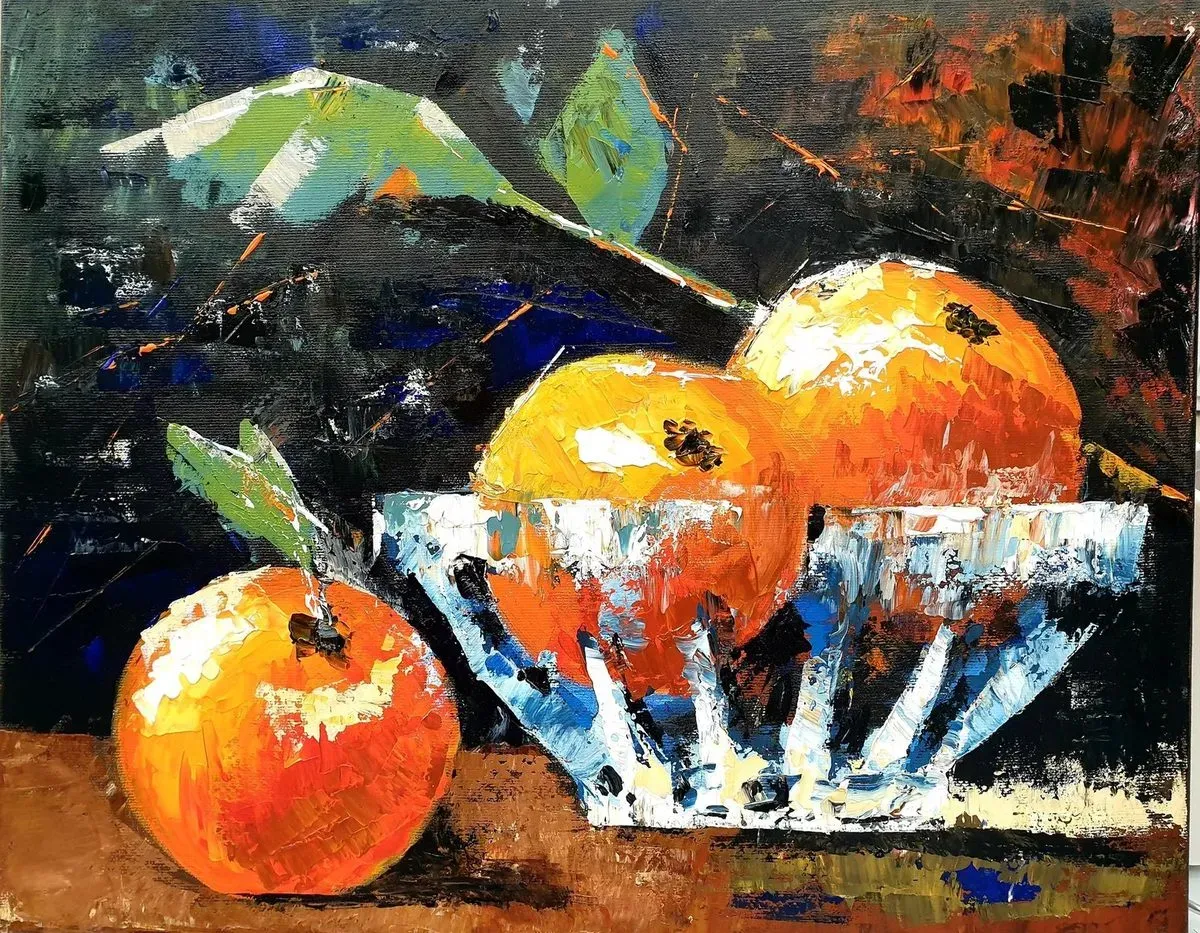 Oranges in a Glass Bowl — ręcznie malowane płótno z Villi Nadezda w Pafos, które możemy wysłać pocztą