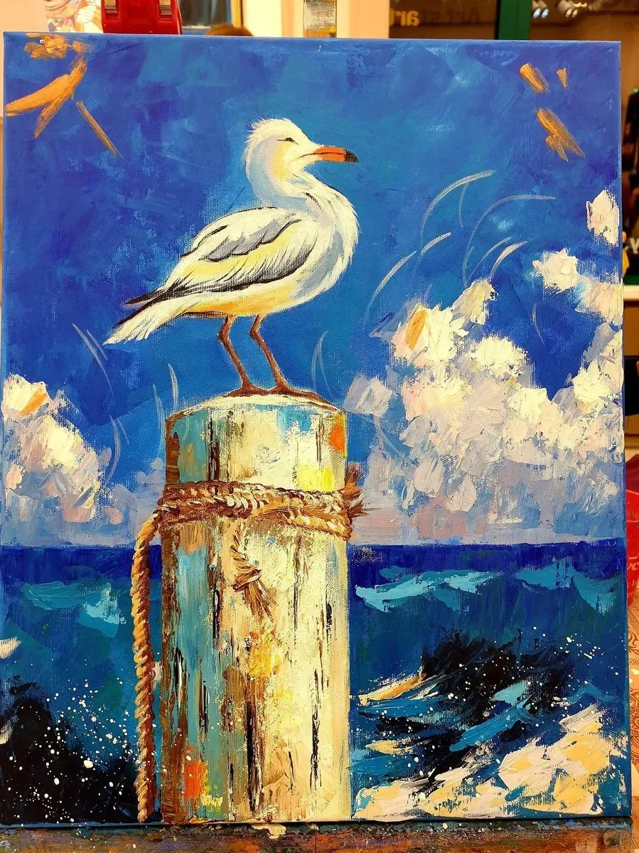 Seagull above a Stormy Sea — ręcznie malowane płótno z Villi Nadezda w Pafos, które możemy wysłać pocztą