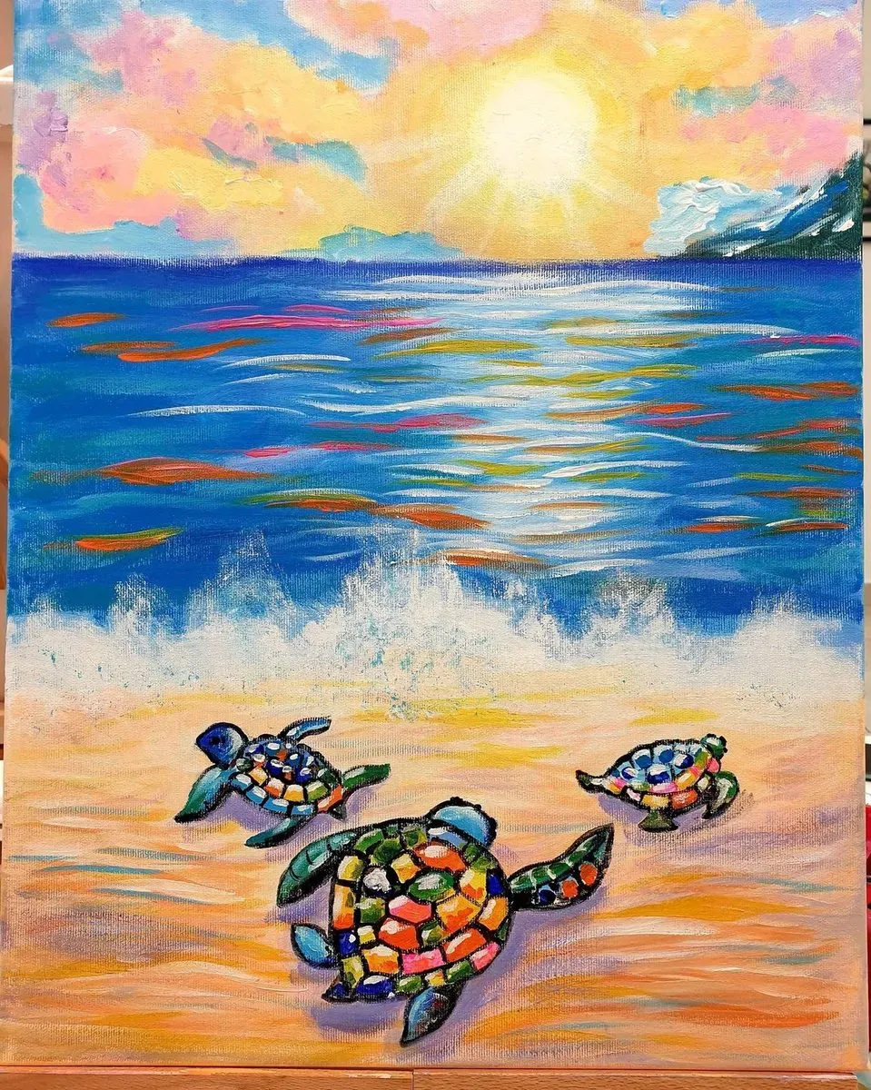 Turtles on the Beach — ręcznie malowane płótno z Villi Nadezda w Pafos, które możemy wysłać pocztą