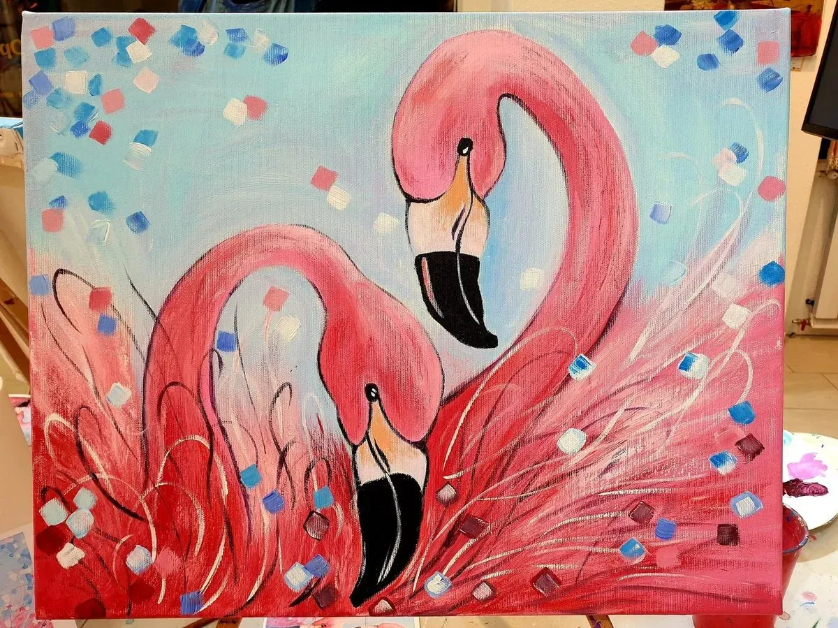 Two Flamingos — ręcznie malowane płótno z Villi Nadezda w Pafos, które możemy wysłać pocztą