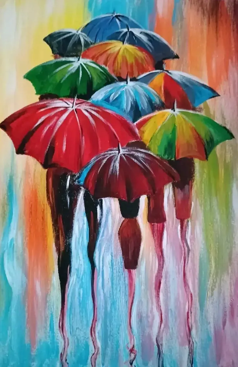 Umbrellas in the Rain — ręcznie malowane płótno z Villi Nadezda w Pafos, które możemy wysłać pocztą