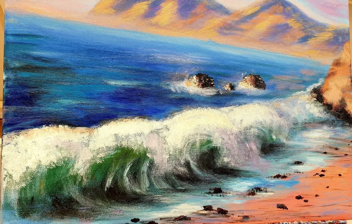 Waves on the Rocks — ręcznie malowane płótno z Villi Nadezda w Pafos, które możemy wysłać pocztą