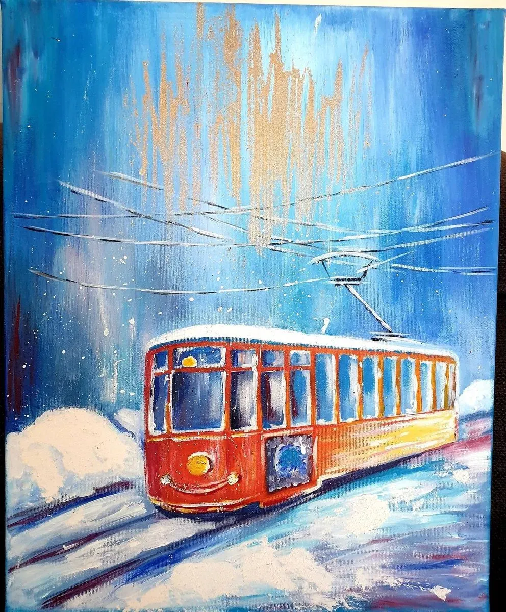Winter Tram — ręcznie malowane płótno z Villi Nadezda w Pafos, które możemy wysłać pocztą