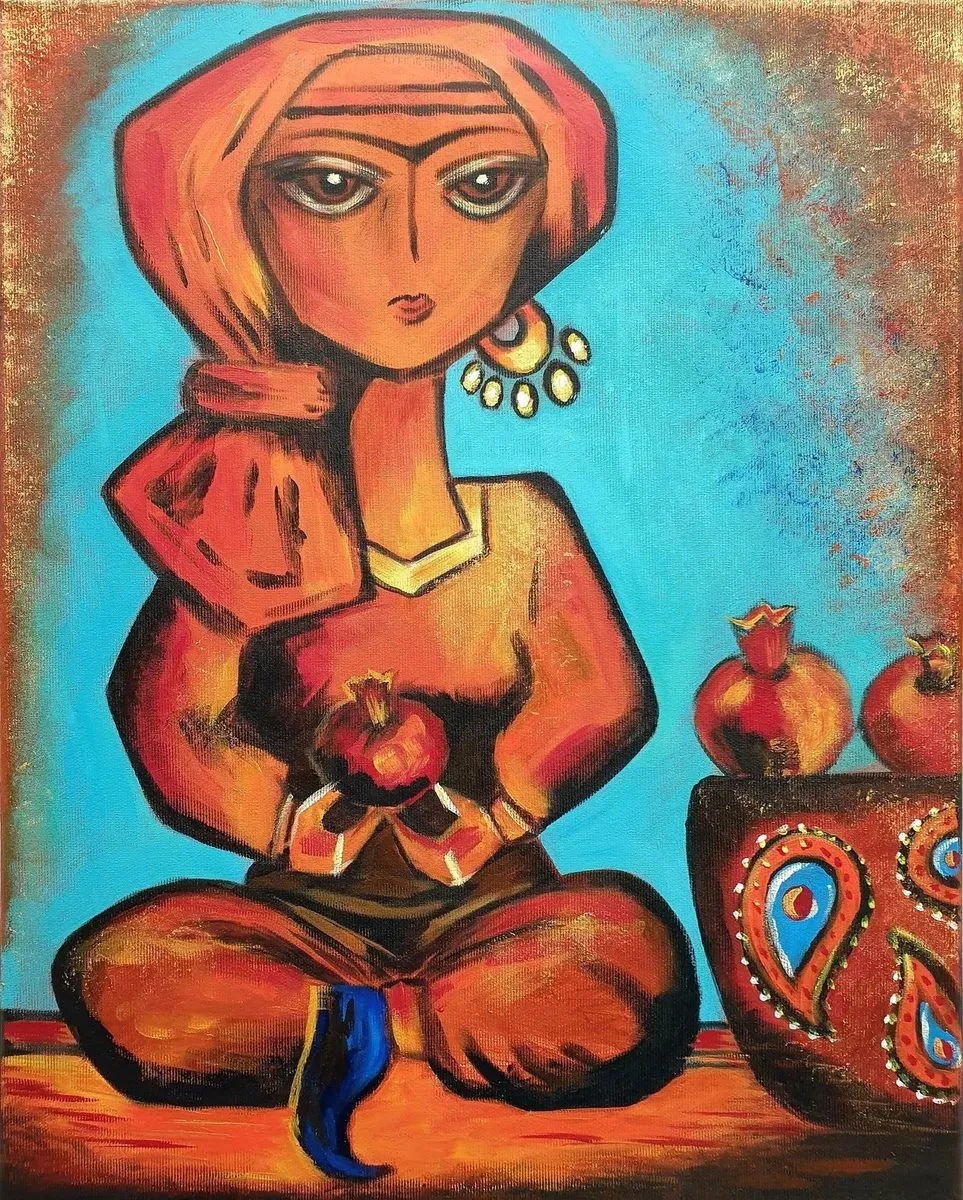 Woman with a Pomegranate — ręcznie malowane płótno z Villi Nadezda w Pafos, które możemy wysłać pocztą