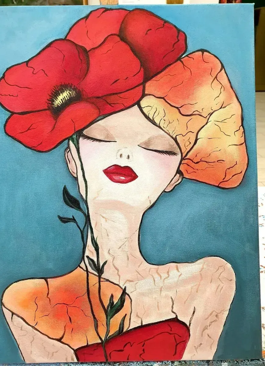 Woman with Poppies — ręcznie malowane płótno z Villi Nadezda w Pafos, które możemy wysłać pocztą